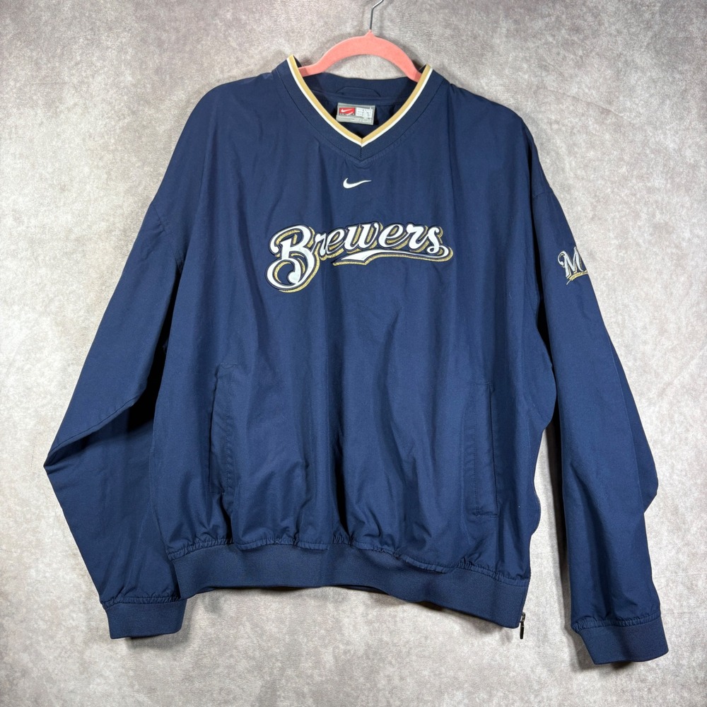 Milwaukee Brewers Nike Windbreaker Men L Navy Pullover V-Neck Vintage MLB Jacket